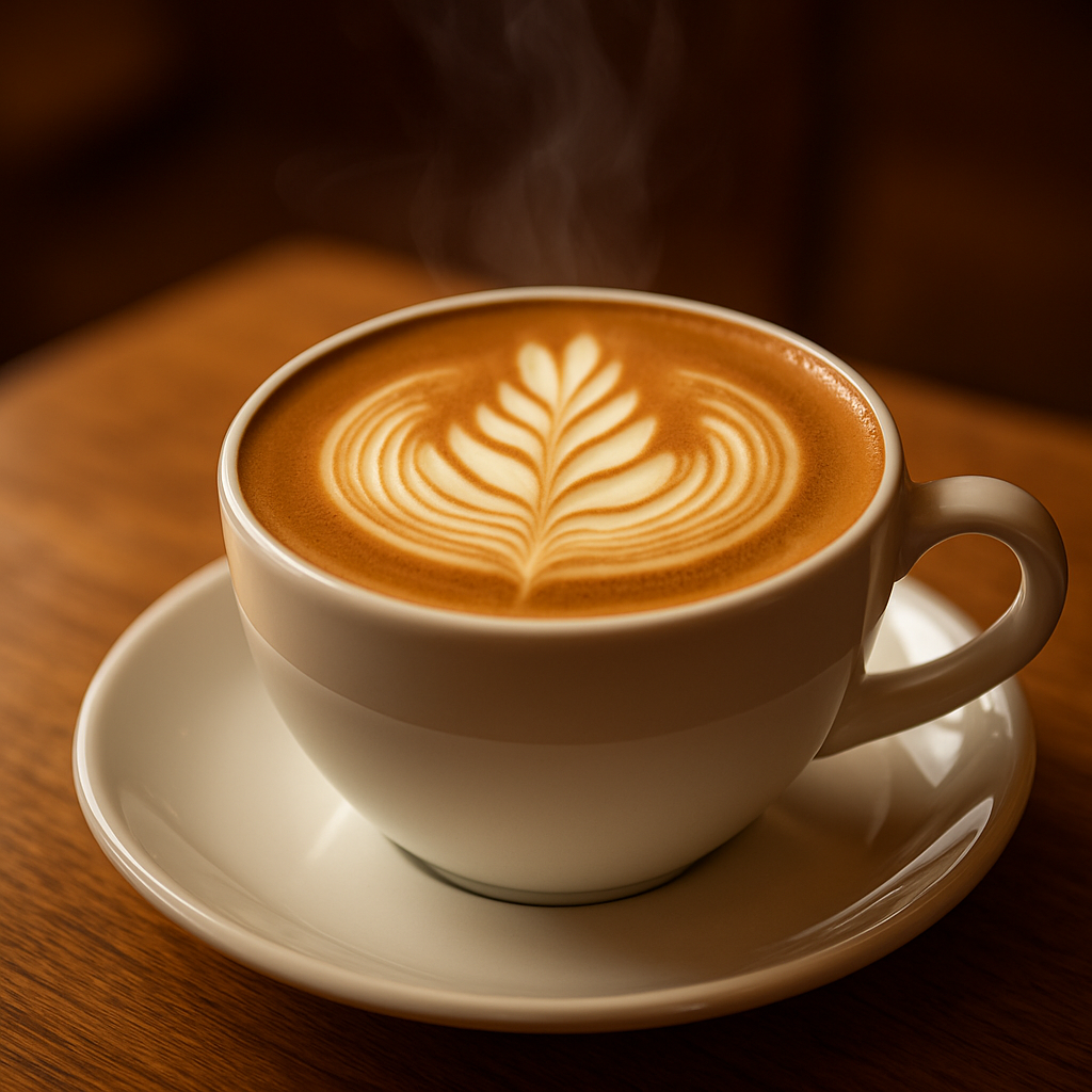 A flat white coffee with latte art in a white ceramic cup at Cafe Lumi