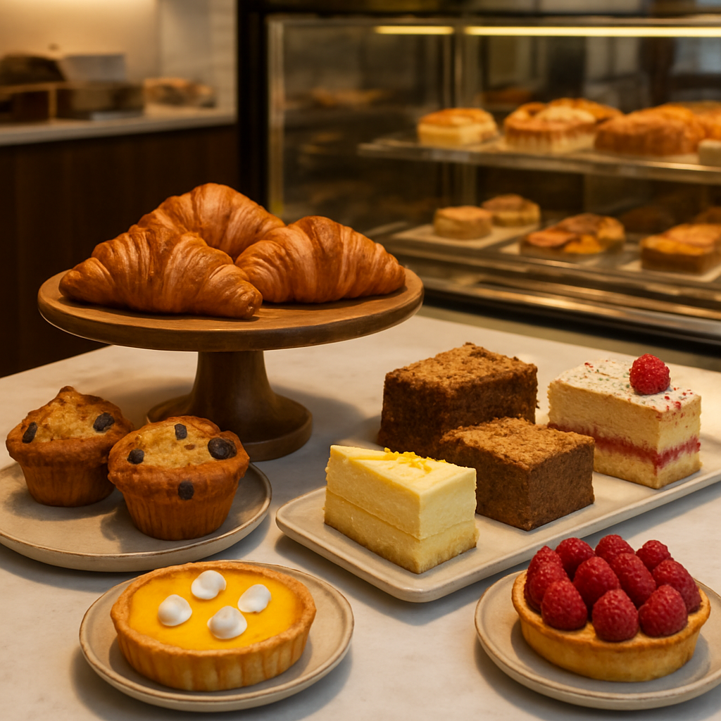 Display of fresh pastries, croissants and cakes at Cafe Lumi